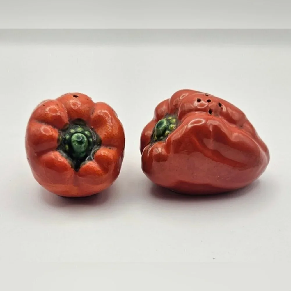Vintage Red Bell Pepper Salt and Pepper Shakers Ceramic Farmhouse Set